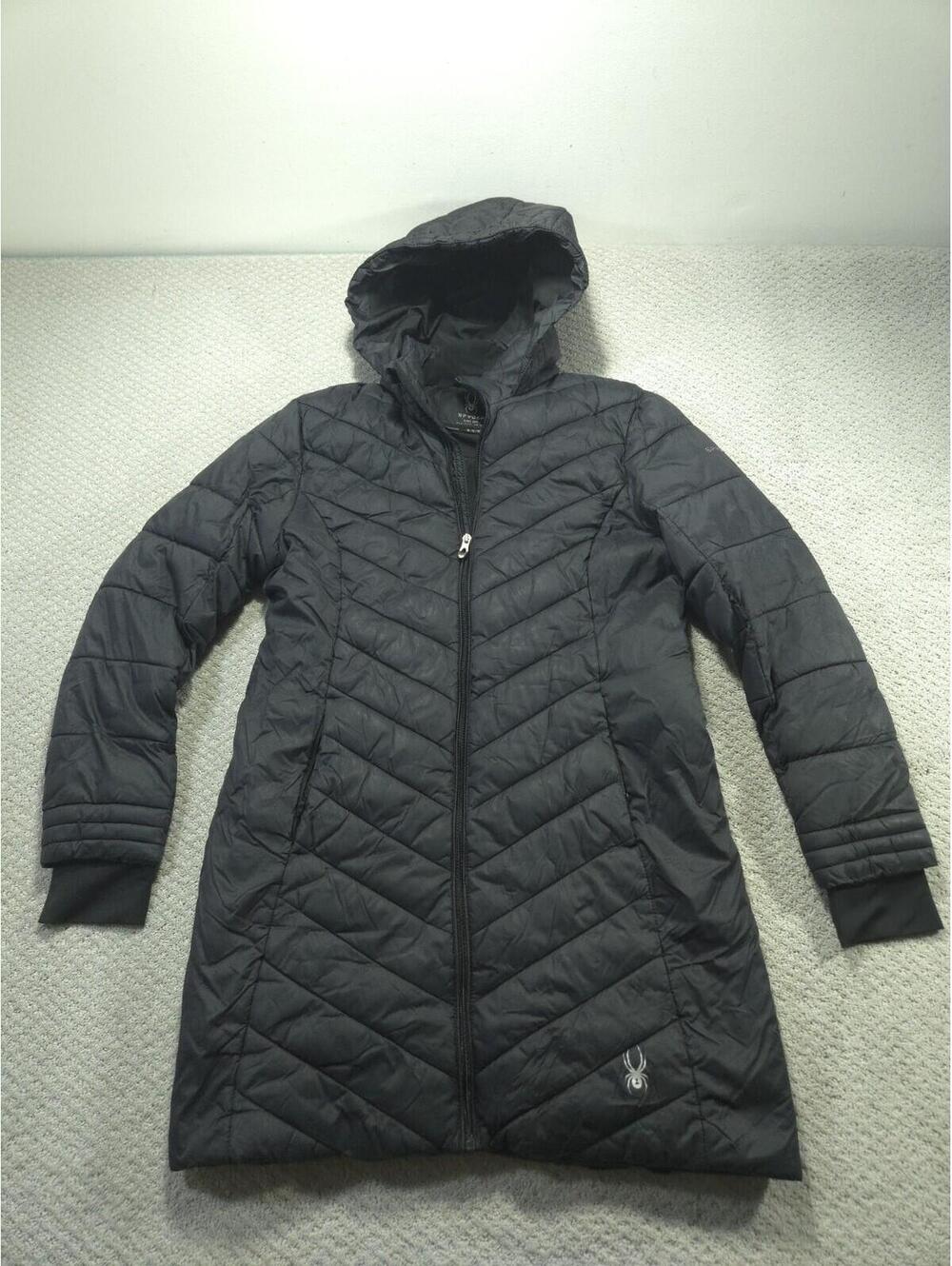 Spyder Puffer Jacket Womens Medium Black Long Hooded Chevron Quilted Winter Coat